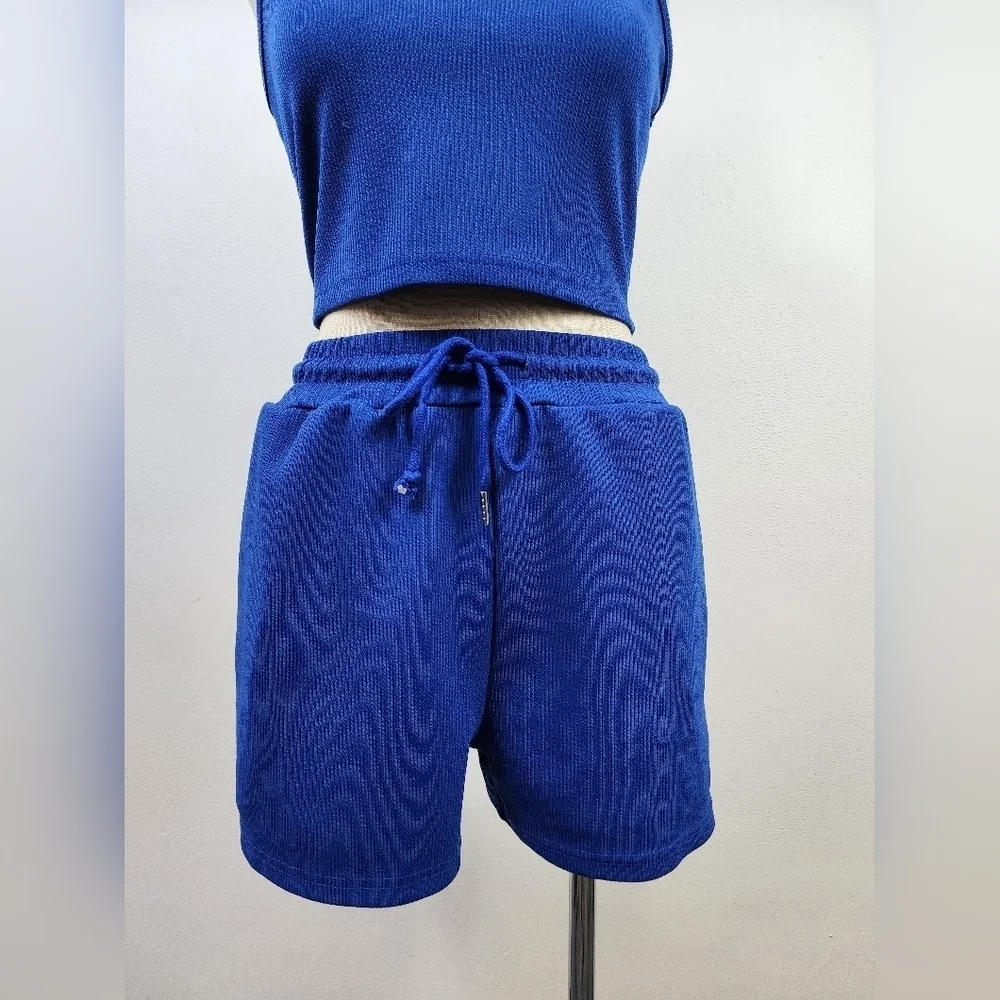 SHEIN Blue Textured Knit Tank & Shorts Matching Lounge Set Size Medium